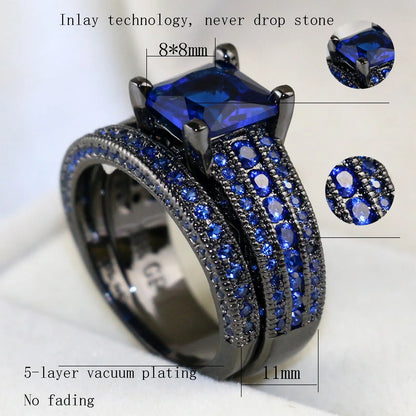 Charm Couple Rings Romantic Blue Rhinestones Women Rings Set Trendy Men's Stainless Steel Ring Fashion Jewelry For Lover Gifts