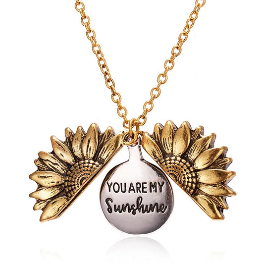 Vintage Open Locket Sunflower Necklace Engraved You Are My Sunshine Flower Floral Pendant Necklace Unique Party Jewelry Gifts