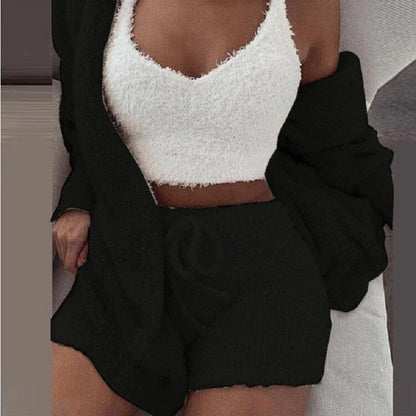 Fluffy Pajamas Set for Women Casual Sleepwear Tank Top and Shorts Plus Size Hoodie Leisure Homsuit Winter Teddy 3 Pieces Pijamas