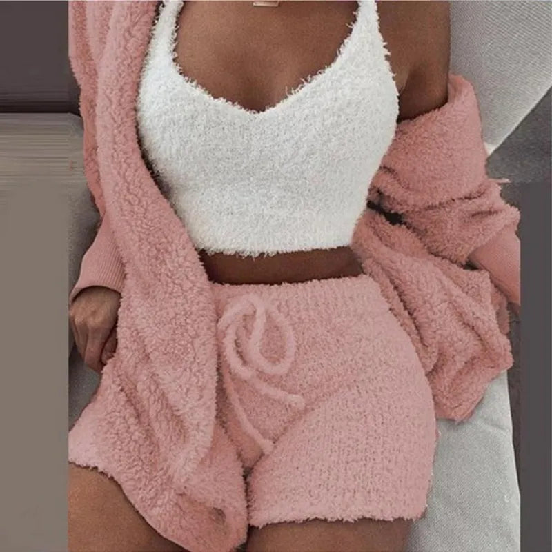 Fluffy Pajamas Set for Women Casual Sleepwear Tank Top and Shorts Plus Size Hoodie Leisure Homsuit Winter Teddy 3 Pieces Pijamas