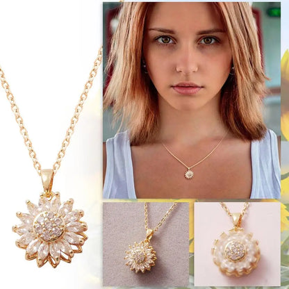 Fashion Creative 360 ° Rotating Sunflower Necklace for Women Design Flower Pendant Party Jewelry Anniversary Gift Collares Mujer