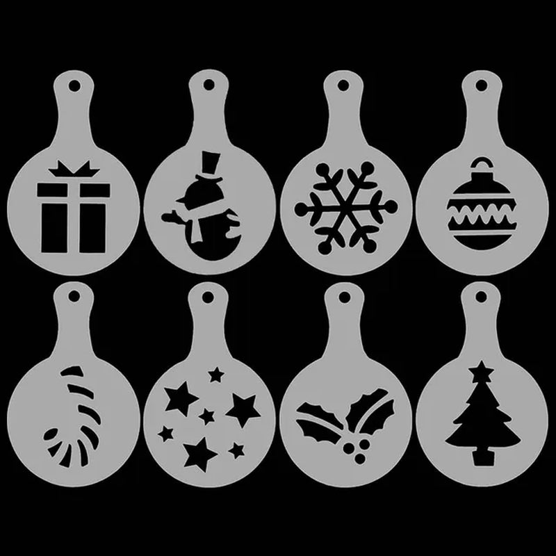 8Pcs/Set Christmas Coffee Stencil Template Christmas Tree Snowflake Milk Cappuccino Latte Cupcake Mould for Cafe Xmas New Year